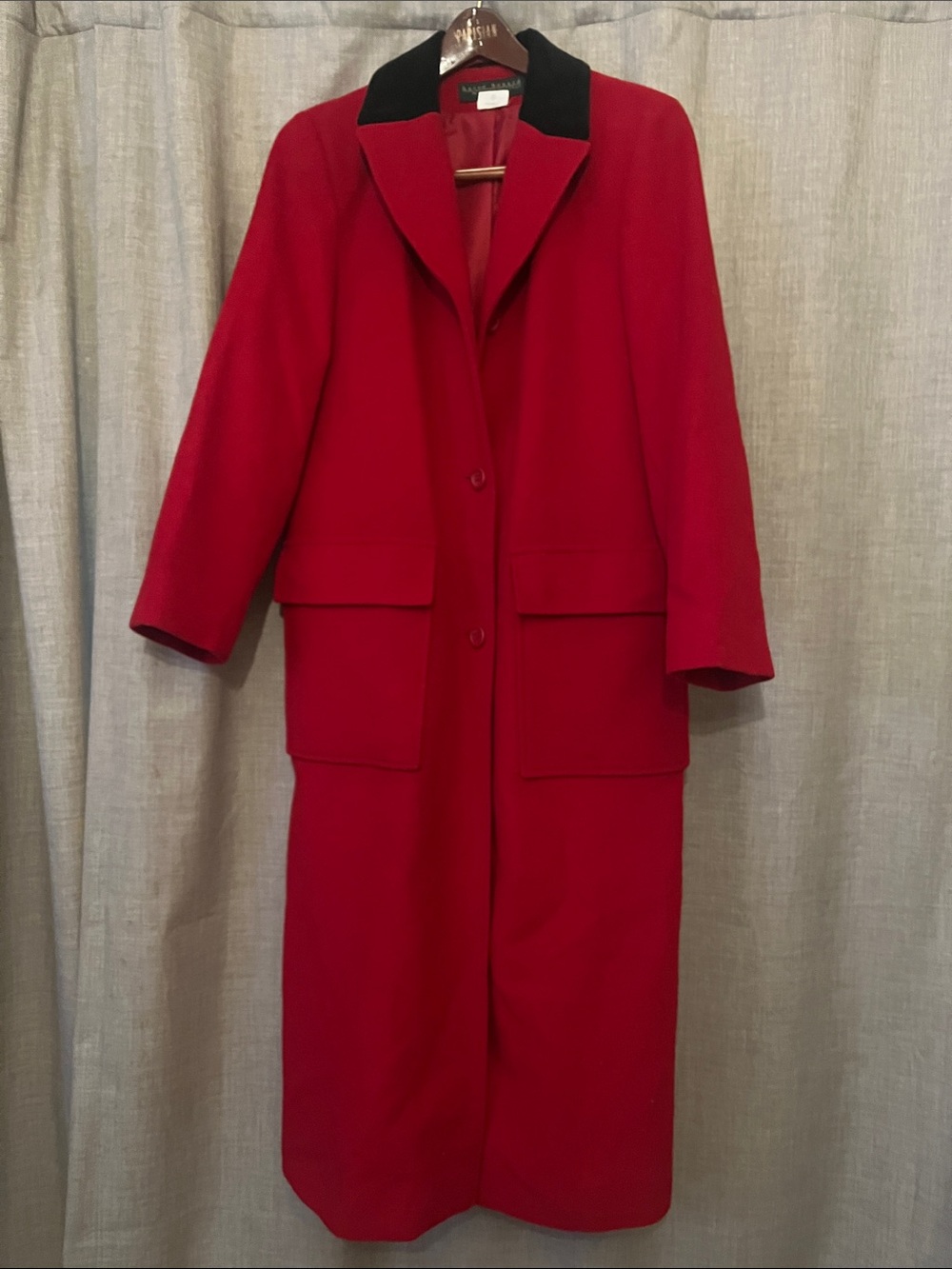 Harve Benard Red Long 100% Wool Trench Coat with Black Velvet Collar